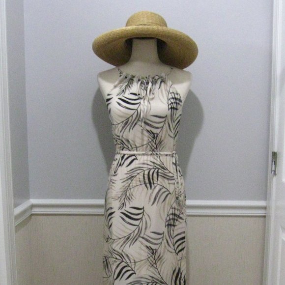 Drawstring Neckline Maxi Sundress Ivory Beige Tropical Print - Picture 1 of 15
